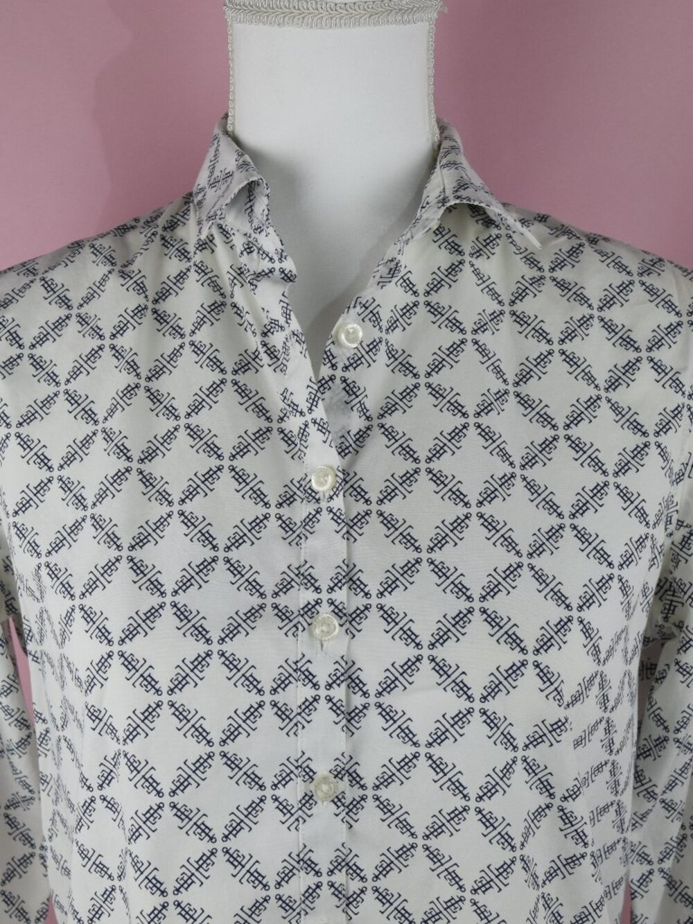 Lands' End No Iron Baumwolle Navy Blue & White Geometric Print | Size 6P Petite - Picture 2 of 7